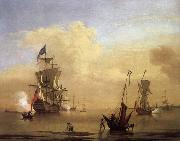 Monamy, Peter A two-decker and a yacht anchored near a tower oil painting